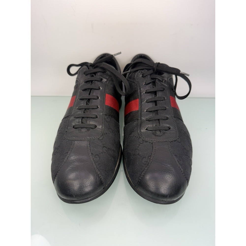 Gucci GG Canvas Low Top Sneakers Black Red Web Stripe Mens 8.5 D Leather Trim - Picture 2 of 9